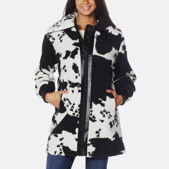 NVLT Women's Heavyweight Cow Print Faux Fur Leather Full Zip Jacket Coat - L - Picture 1 of 10